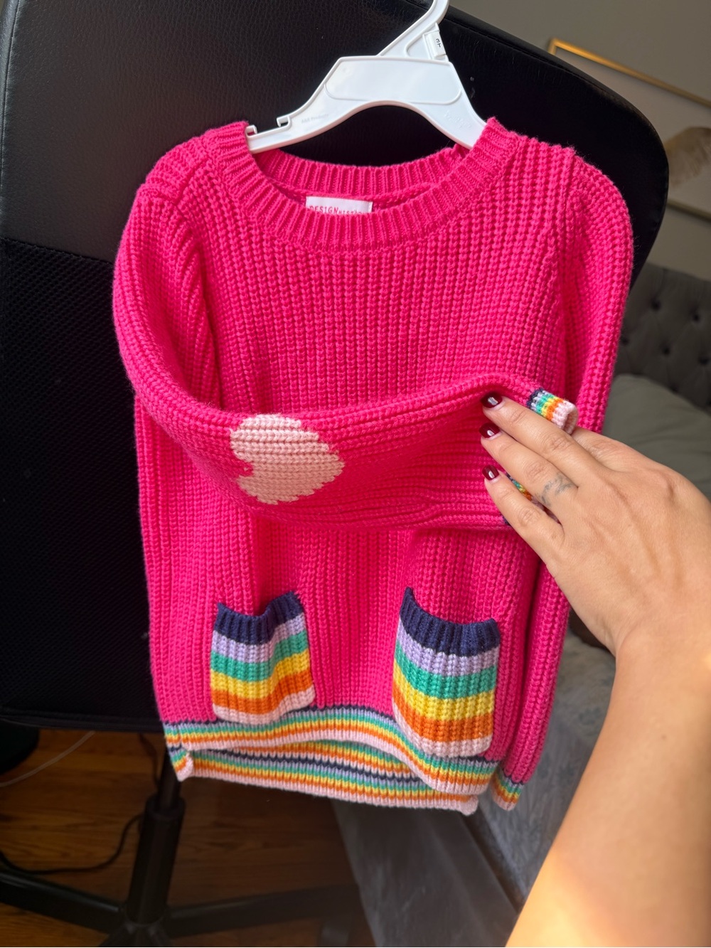 Design History Hot Pink Crewneck Sweater with Rainbow Pockets